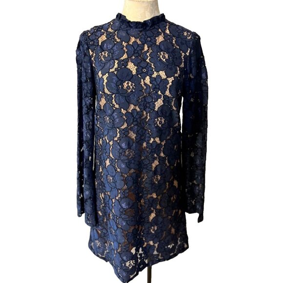Anthropologie WAYF Dress M Medium Long Sleeve Stretch Blue Cream NEW - Picture 1 of 9